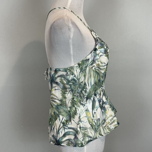 Bebe Sleeveless Blouse Tropical Chiffon Leaf Print Clear Sequins Size 6 NWT - Picture 5 of 13